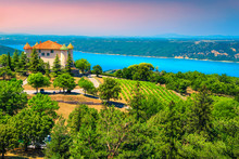 Aiguines Castle And St Croix Lake In Background, Provence, France