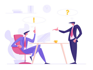 Poster - Business Meeting Concept. Businessman and Worker Characters Discuss Work Project Process. Office Communication, Brainstorming, Teamwork. Vector Flat illustration