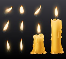 Burning Candles. Romantic Holiday Wax Burning Candles Light Close Up Warm Fire Wick Spa Christmas Dinner Decoration Birthday Vector Set