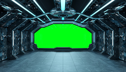 Leinwandbilder - Dark blue spaceship futuristic interior mockup with window 3d rendering