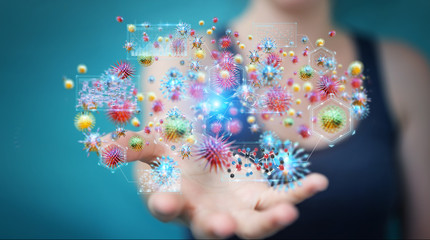 Poster - Businesswoman analyzing bacteria microscopic close-up 3D rendering