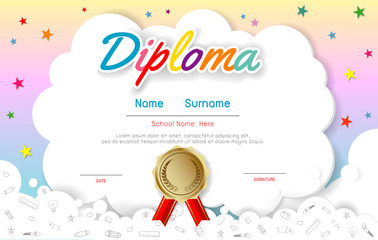 Certificates kindergarten and elementary, Preschool Kids Diploma certificate pattern design template, Diploma template for kindergarten students, Certificate of kids diploma