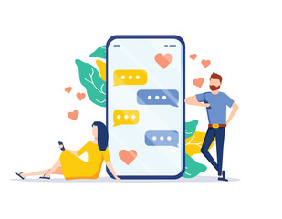 Dating app - flat design style colorful illustration on white background. Composition with characters, boy and girl