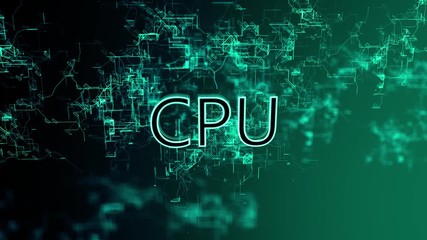 3D animation of the Digital Network. Text CPU. Blue wires on gradient background