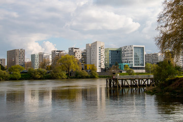 Modern apartment building on the waterfront in the city of Nantes (France).