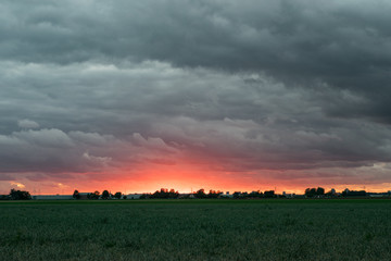 Wall Mural - dramatic clouds over the dutch countryside while the glowing sun sets below the horizon