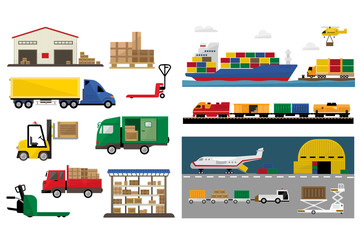 Poster - Freight transport set, transportation and freight cargo shipping vector Illustrations on a white background