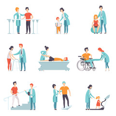 Canvas Print - Flat vector set of people on rehabilitation. Physiotherapy clinic. Doctors working with patients. Healthcare and treatment