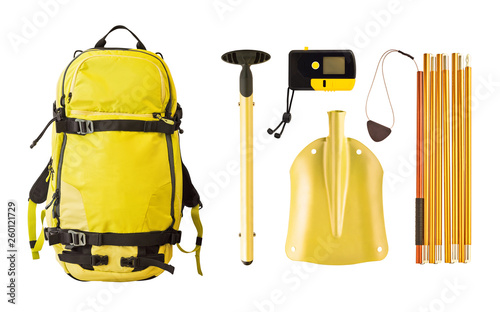 Cuadros en Lienzo Set of avalanche equipment and gear for freeride