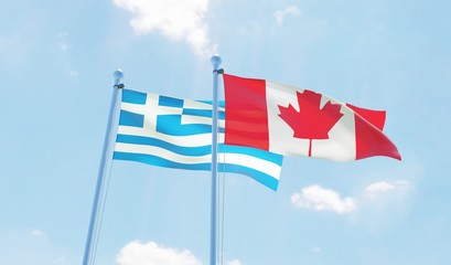 Canada and Greece, two flags waving against blue sky. 3d image