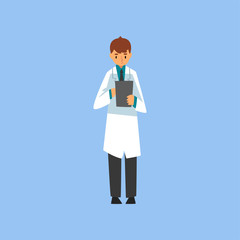 Poster - Male Professional Doctor Character Holding Clipboard and Taking Notes on It, Worker of Medical Clinic or Hospital in White Lab Coat Vector Illustration o