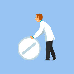 Poster - Male Professional Doctor Character with Big Pill, Worker of Medical Clinic or Hospital in White Lab Coat Vector Illustration