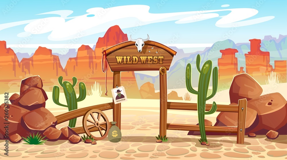 Wild west cartoon illustration with cowboy, skull, wanted poster and mountains. Vector western illustration - obrazy, fototapety, plakaty 