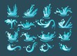 Water splash cartoon set. Colorful water arch, drops, whirls, waves. Water motion collection isolated on blue background. Vector illustration.