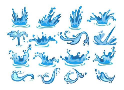 Wall Mural - Water splash cartoon set. Colorful water arch, drops, whirls, waves. Water motion collection isolated on white background. Vector illustration.