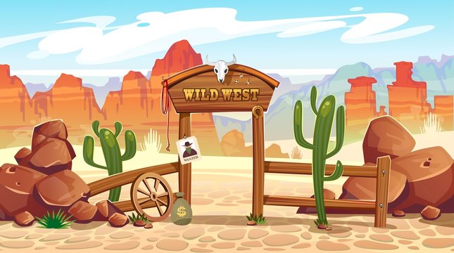 Wall Mural - Wild west cartoon illustration with cowboy, skull, wanted poster and mountains. Vector western illustration