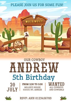 Wall Mural - Wild west Birthday party invitation design template. Western poster concept for invitations, greeting cards etc. Cartoon wild west illustration