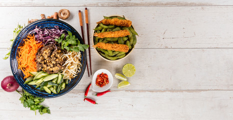 Wall Mural - Top view composition of vietnamese food in bowl