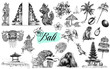 Set of hand drawn sketch style Bali themed objects isolated on white background. Vector illustration.
