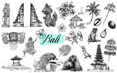 Wall Mural - Set of hand drawn sketch style Bali themed objects isolated on white background. Vector illustration.