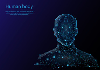 Abstract image human body in the form of a starry sky or space, consisting of points, lines, and shapes in the form of planets, stars and the universe. Low poly vector background.