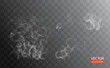Hot steam over cup on dark or transparent background. White cigarette smoke wave. Set of fume on water, tea, food, coffee, ice. Vapor, mist, cloud, gas, fog vector illustration. Hazy fragrance on ice