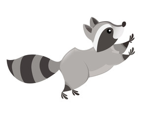 Wall Mural - Cute cartoon raccoon jumping, side view. Cartoon animal character design. Flat vector illustration isolated on white background