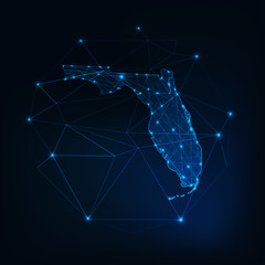 Wall Mural - florida state usa map glowing silhouette made of stars lines dots triangles, low polygonal shapes.