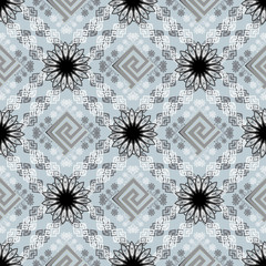 Geometric modern ornamental greek key meanders vector seamless pattern. Abstract patterned ethnic style background. Tribal repeat ornate backdrop. Geometry shapes, lines, rhombus, mandalas, flowers