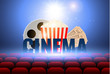 Cinematograph concept banner for the film industry. Popcorn, drink, theater seats and tickets on a background with highlights. High detailed realistic illustration.