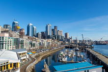 Seattle, WA - March 2019: Downtown Seattle Seen From The Bell Street Pier Rooftop Deck.