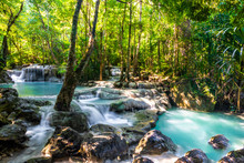 Erawan Waterfall In National Park, Thailand,Blue Emerald Color Waterfall