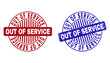 Grunge OUT OF SERVICE round stamp seals isolated on a white background. Round seals with grunge texture in red and blue colors.
