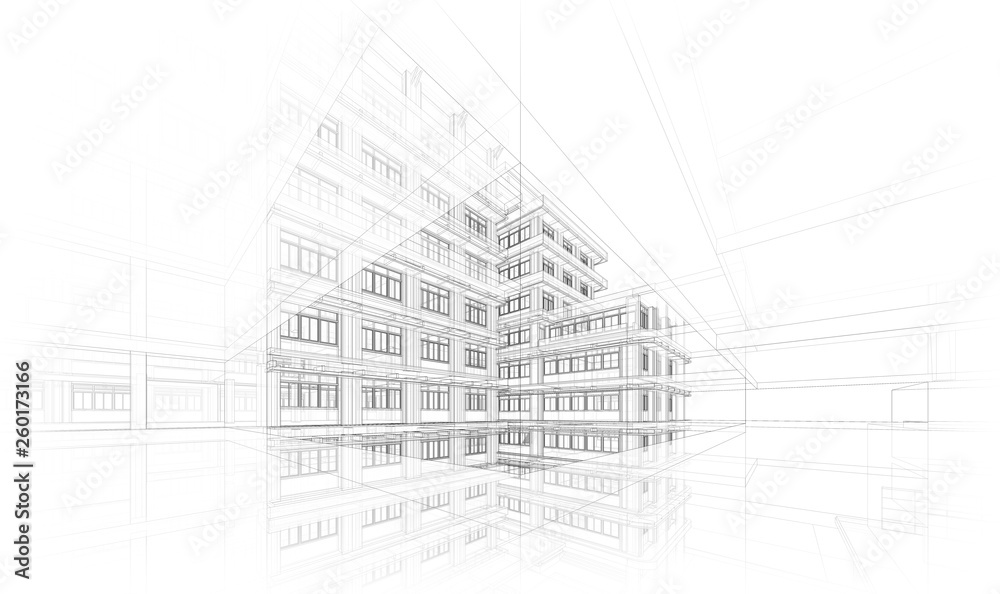 Architecture background. Perspective 3d Wireframe of building design and model my own - obrazy, fototapety, plakaty 