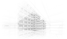 Architecture Background. Perspective 3d Wireframe Of Building Design And Model My Own