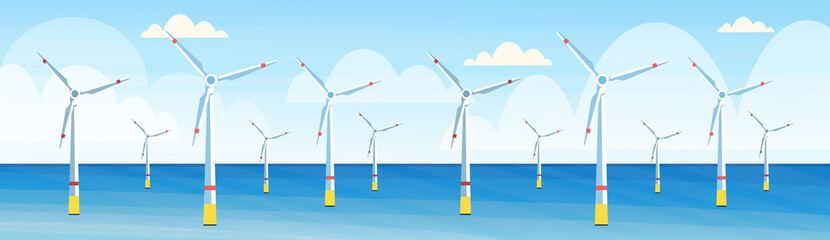 wind turbines clean alternative energy source renewable water station concept seascape background flat horizontal banner