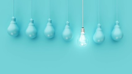 Wall Mural - Hanging light bulbs with glowing one different idea on blue background. Minimal concept idea. 3D Animation.