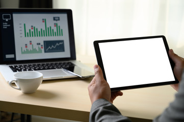 Poster - man  hands multitasking man using tablet close up close up working in office