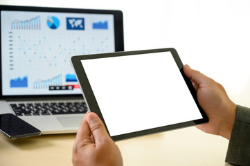 Poster - man  hands multitasking man using tablet close up close up working in office