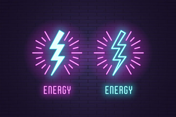 Wall Mural - Neon composition set of Lightning bolt flash