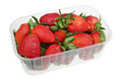 Big strawberry berries in an industrial plastic box isolated macro