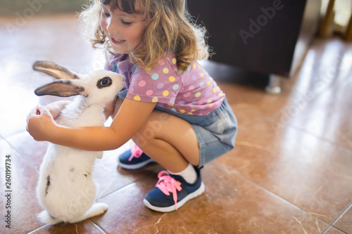 Cuadros en Lienzo Adorable little girl playing with rabbit at the petting zoo