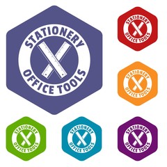 Poster - Stationery office tool icons vector colorful hexahedron set collection isolated on white 