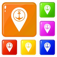 Poster - Map pointer with symbol anchor and sea port icons set collection vector 6 color isolated on white background