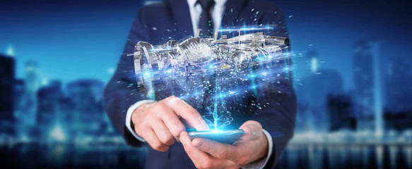Poster - Businessman using wireframe holographic 3D digital projection of an engine
