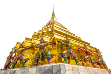 Golden Pagoda In Wat Phra Kaew ,Bangkok, Thailand. And Isolated White Background 