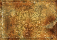 Blank Banner With Nautical Victorian Compass, Copy Space On Grunge Texture Background