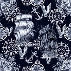 Wall Mural - Seamless pattern with old sailing vessel, anchor, gull and nautical compass on blue