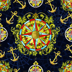 Wall Mural - Seamless pattern with victorian decorated nautical compass, anchor on blue