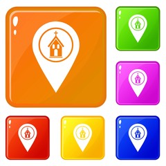 Poster - Map pointer with church, cathedral or temple sign icons set collection vector 6 color isolated on white background